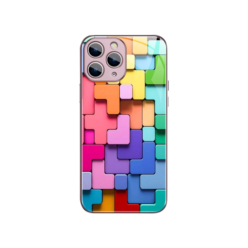 For Iphone 11 Pro Max Colorful Toy Bricks Pattern Shockproof Glass Phone Case(Pink) Pink 740441808352