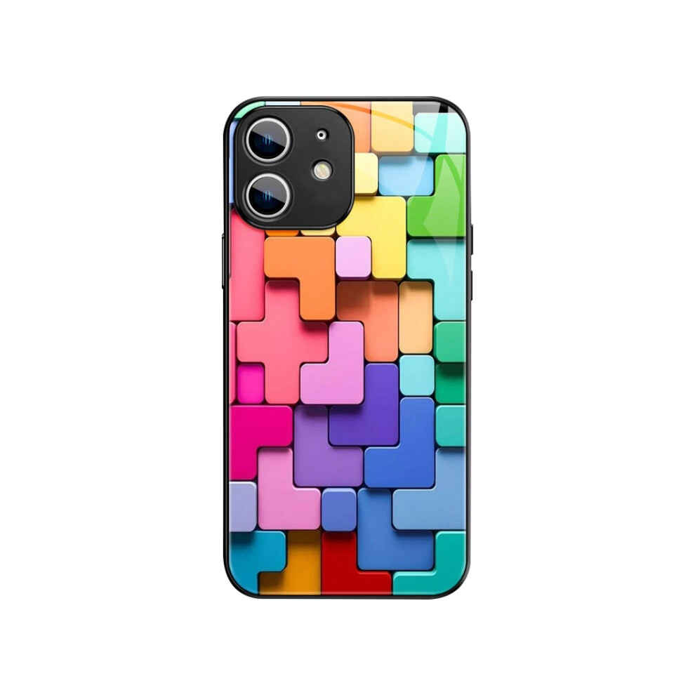 For Iphone 11 Colorful Toy Bricks Pattern Shockproof Glass Phone Case(Black) Black 740441808369