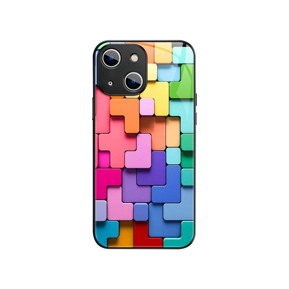 For Iphone 13 Mini Colorful Toy Bricks Pattern Shockproof Glass Phone Case(Black) Black 740441808314