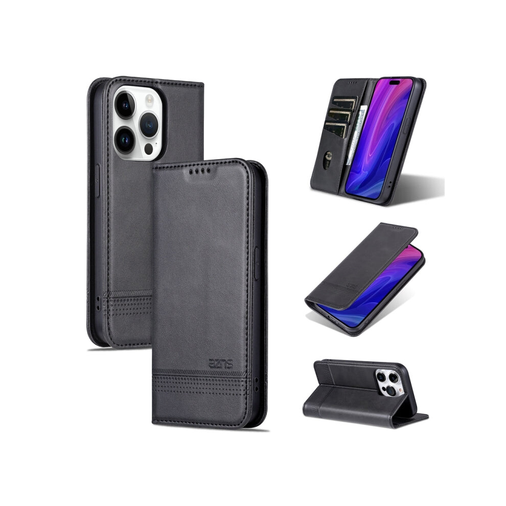 For Iphone 15 Pro Max Azns Magnetic Calf Texture Flip Leather Phone Case(Black) Black 740441807881