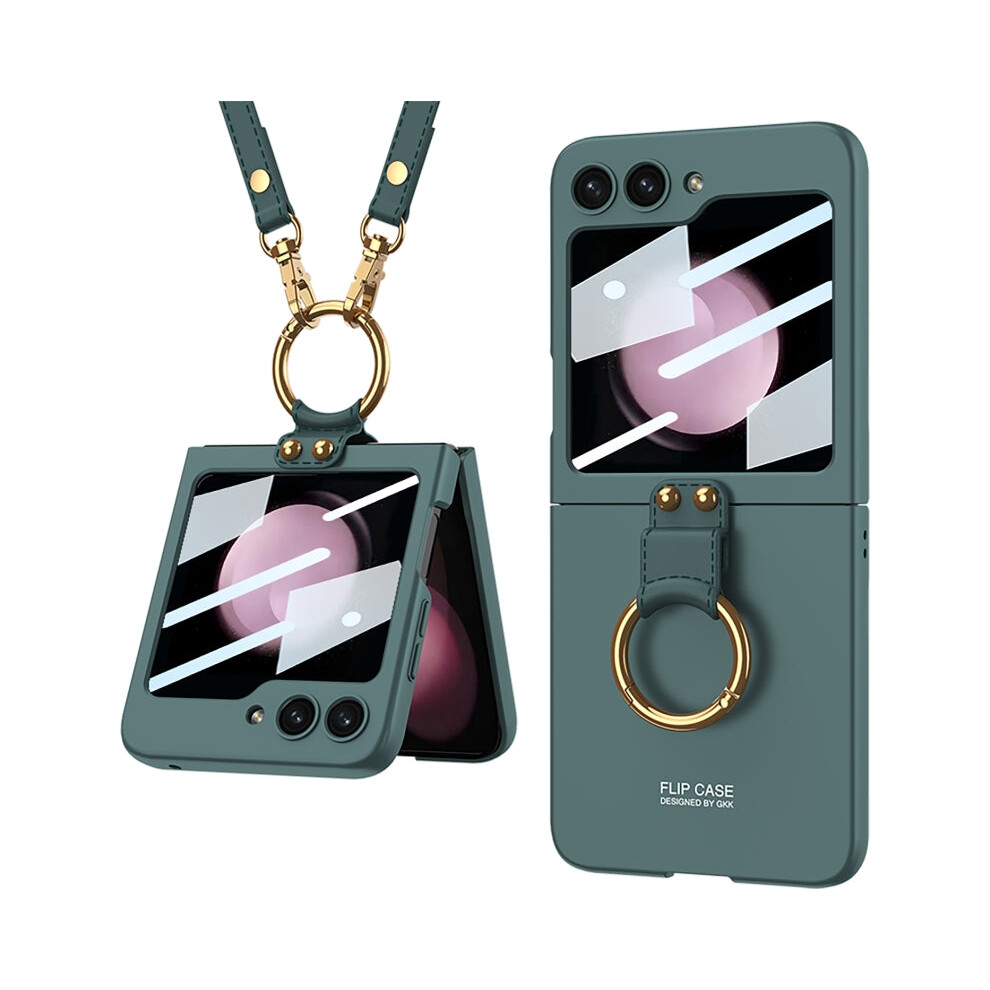 For Samsung Galaxy Z Flip5 Gkk Ultra-Thin Pc Full Coverage Ring Holder Phone Case With Strap(Dark ) Green 740441808208
