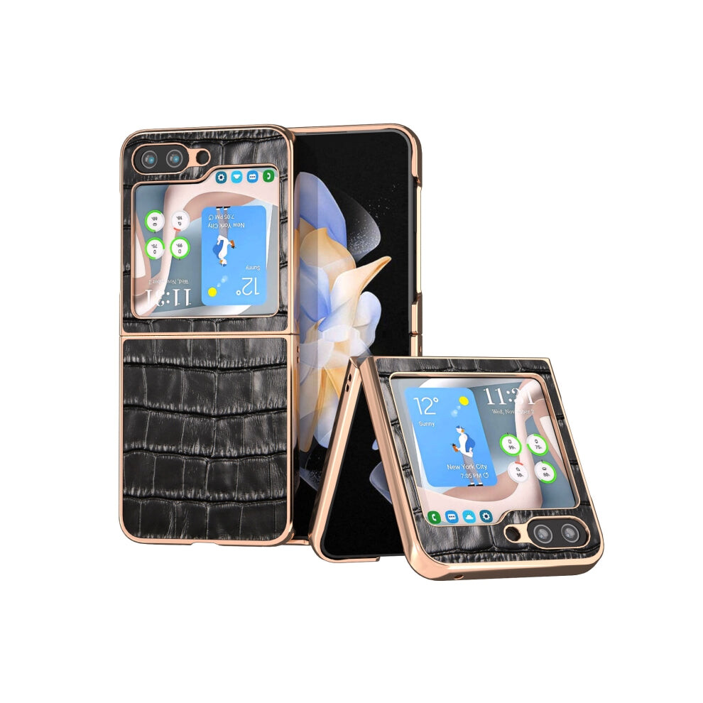For Samsung Galaxy Z Flip5 Crocodile Texture Genuine Leather Electroplating Phone Case(Black) Black 740441808154