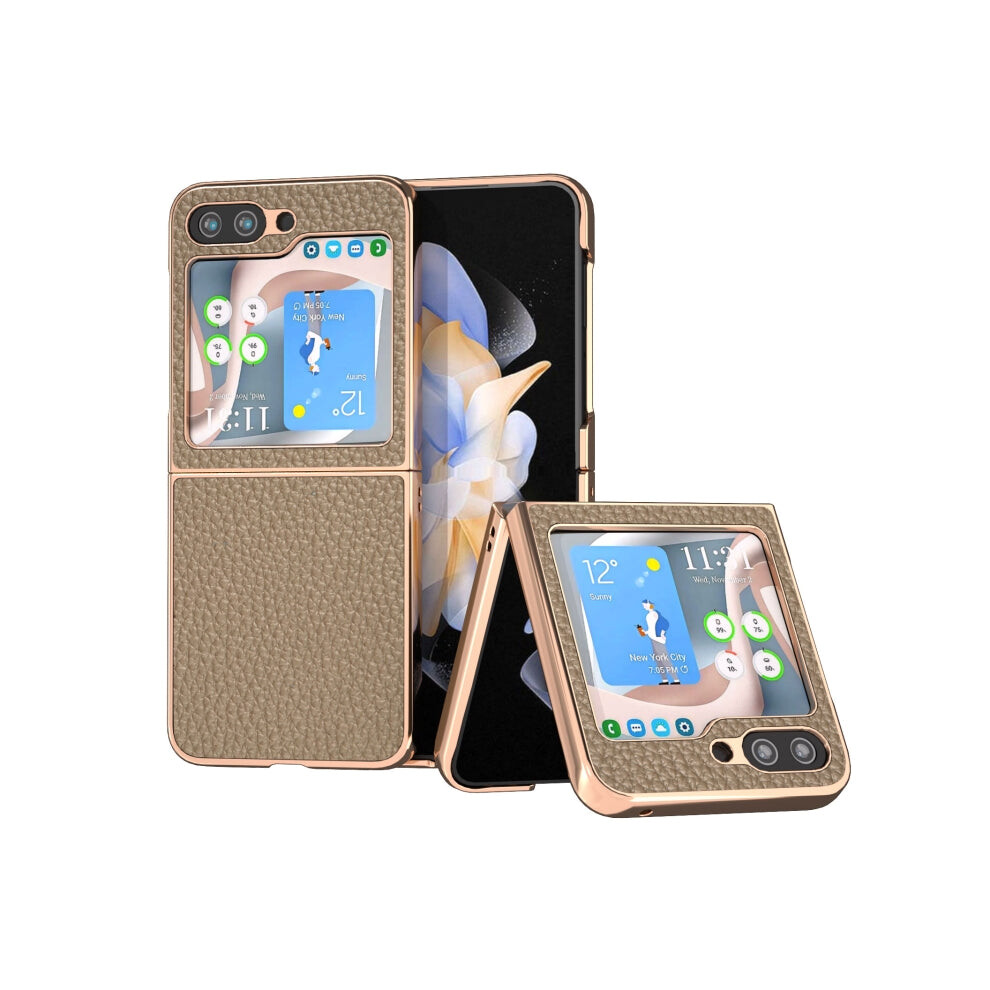 For Samsung Galaxy Z Flip5 Nano Electroplating Genuine Leather Litchi Texture Phone Case(Grey) Grey 740441808147