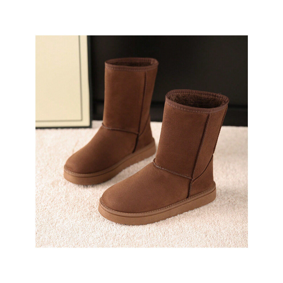 (Mocha Brown, EUR41) Plus Size Women 2024 Autumn Winter Faux-Fur Lining Mid-Calf Snow Boots, Flat Comfortable Warm Boots