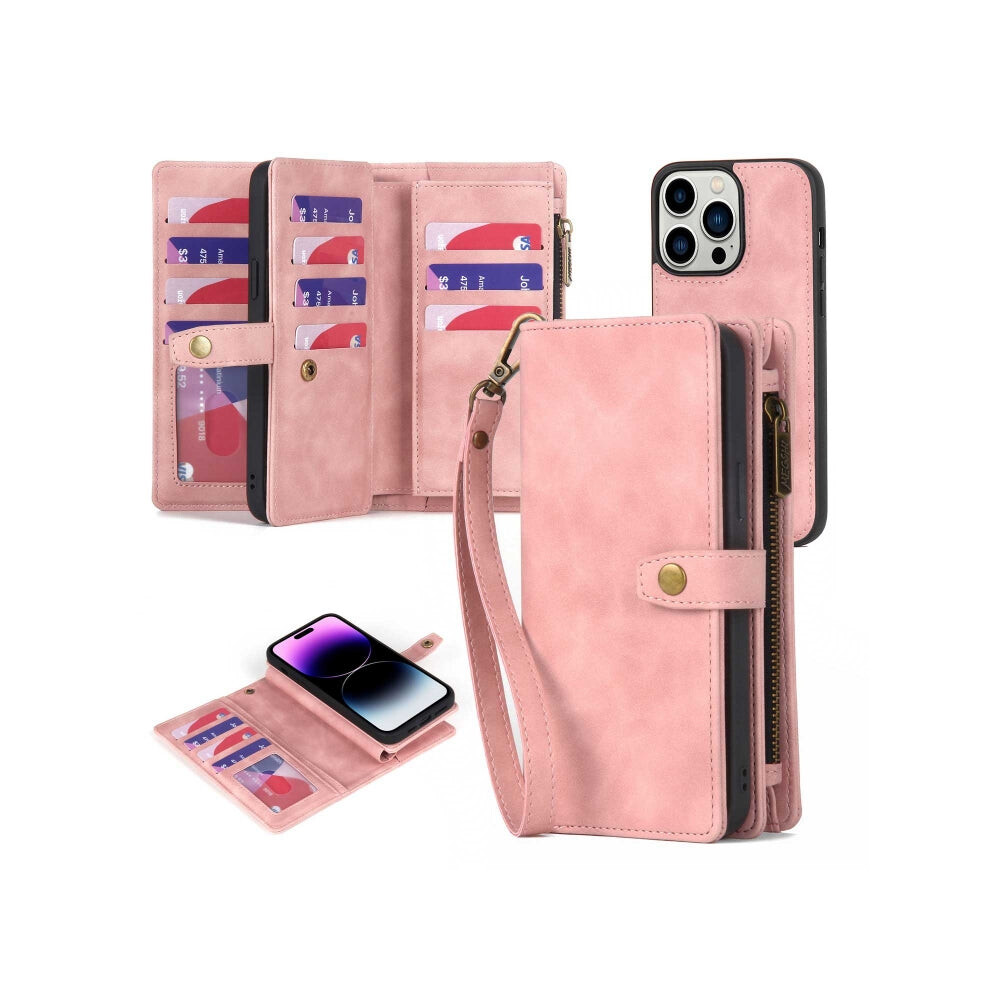 For Iphone 14 Pro Max Zipper Wallet Magnetic Detachable Leather Phone Case(Pink) Pink 740390257447