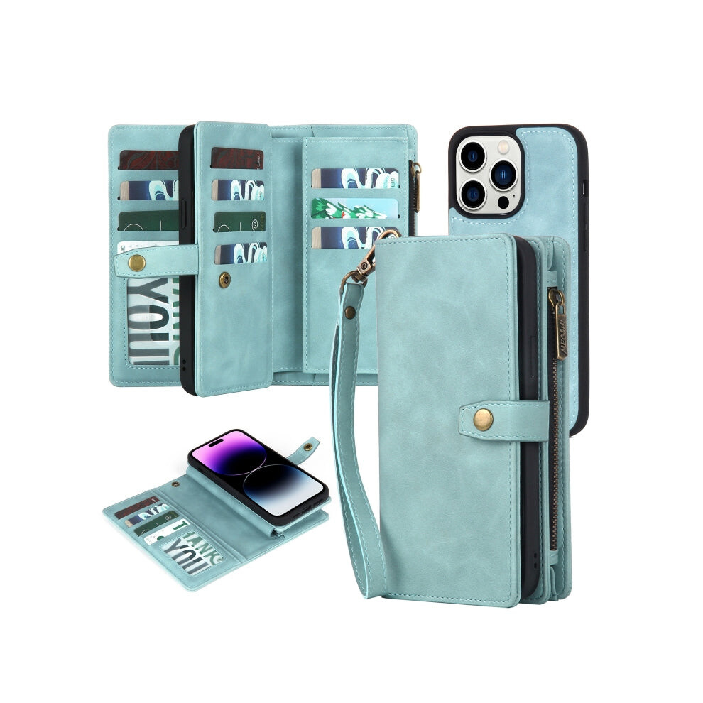 For Iphone 14 Pro Max Zipper Wallet Magnetic Detachable Leather Phone Case(Blue) Blue 740390257416