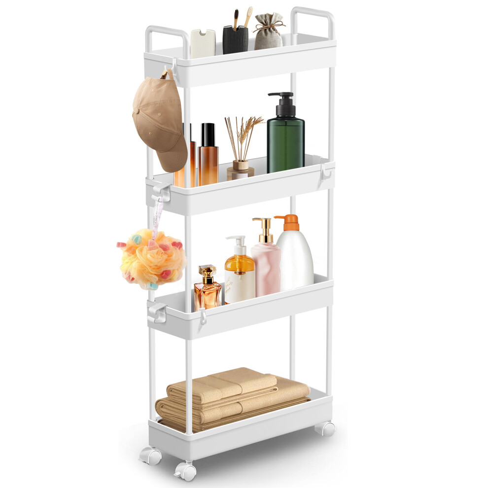 4-Tier Storage Cart With Wheels Narrow Storage Unit  Multi-Purpose Storage Shelf Rack for Kitchen, Mesh Basket Shelf, Lockable Wheels, 11 Hooks