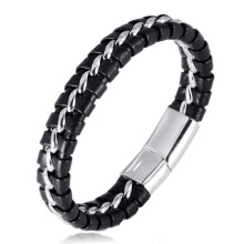 Kids Boy's Genuine Leather Bracelet Black.Titanium Silver Chain