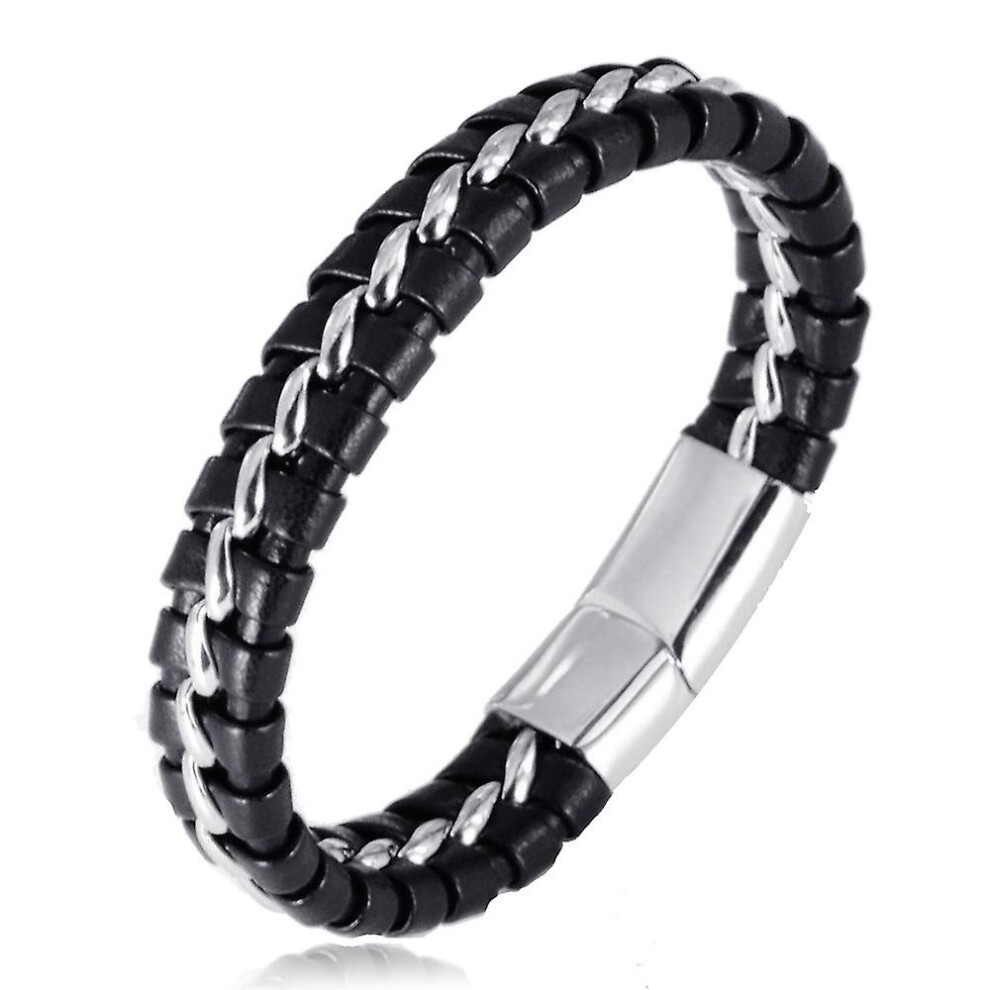 Kids' Black Genuine Leather Bracelet for Boys with Titanium Silver Chain & Hypoallergenic Magnetic Clasp