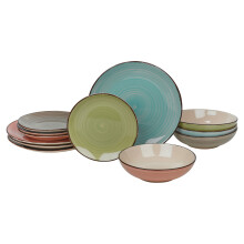 (1 Set (12 Pcs)) 12/24 Pcs Coloured Stone Ceramic Dinnerware Crockery Plates Bowls Set