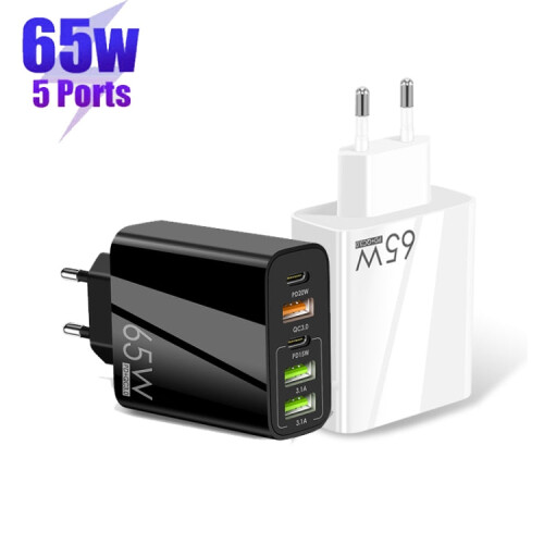 65W Dual PD Type-C + 3 x USB Multi Port Charger with 3A Type-C to Type-C Data Cable, EU Plug(Black) 2