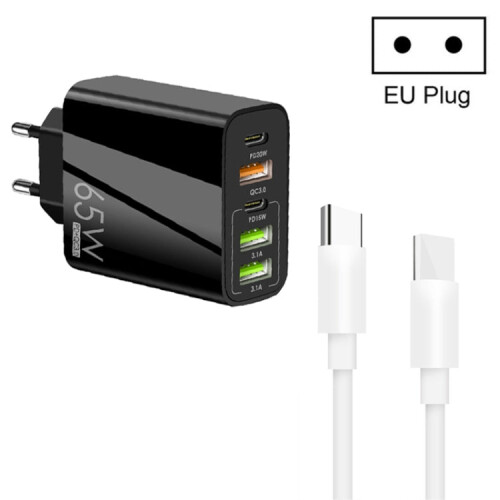 65W Dual PD Type-C + 3 x USB Multi Port Charger with 3A Type-C to Type-C Data Cable, EU Plug(Black) 1