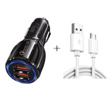 Qc3.0 Dual USB Car Charger  Micro USB Fast Charging Cable Car Charging Kit(Black)