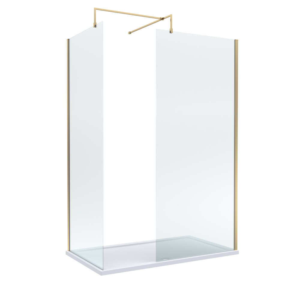 Balterley 8Mm Glass Walk In Wetroom Screens With Brushed Brass Profile And Shower Tray - 1400 X 800Mm White