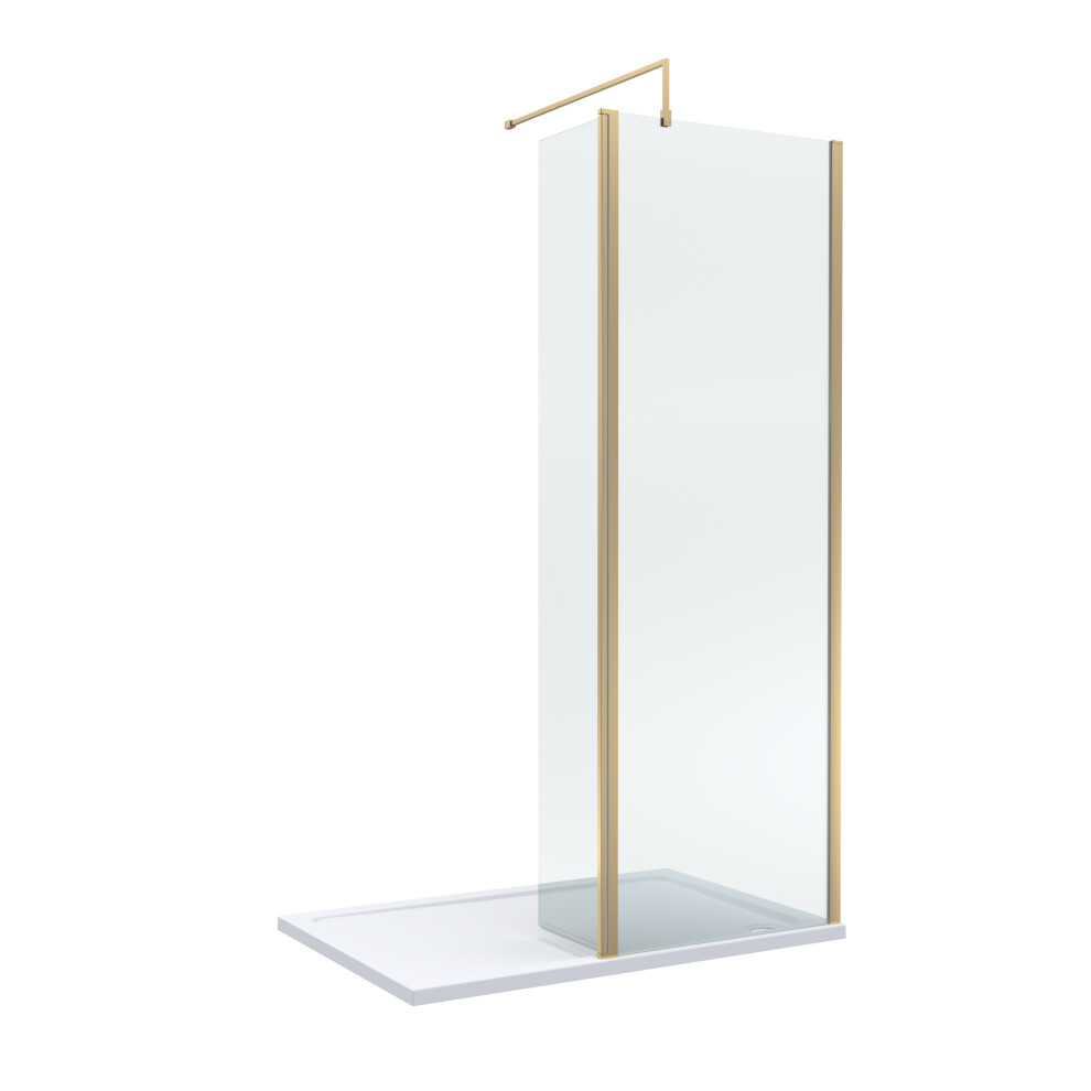 8mm Glass Walk In Wetroom Screen and Hinged Return Screen with Brushed Brass Profile and Shower Tray - 1200 x 900mm