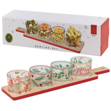 5 Pcs Decorative Christmas Serving Set Bamboo Tray Festive Glass Serving Bowl Gift