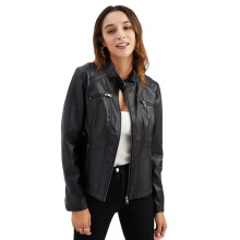 (Black, M) Women's Slim Leather Jacket Stand Collar Casual Style