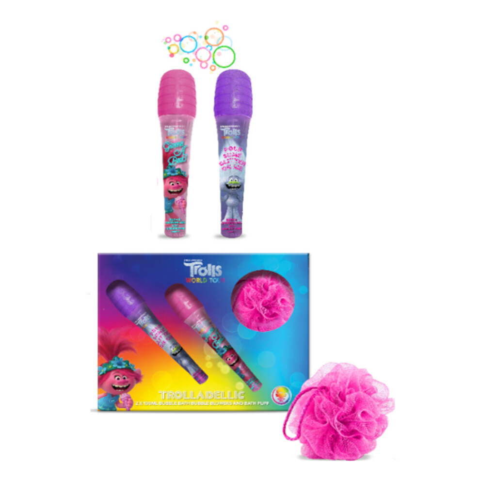 Trolls Dreamworks Trolls World Tour Dreamworks Bath Bubble Blowers 2 x 100ml and Bath Puff