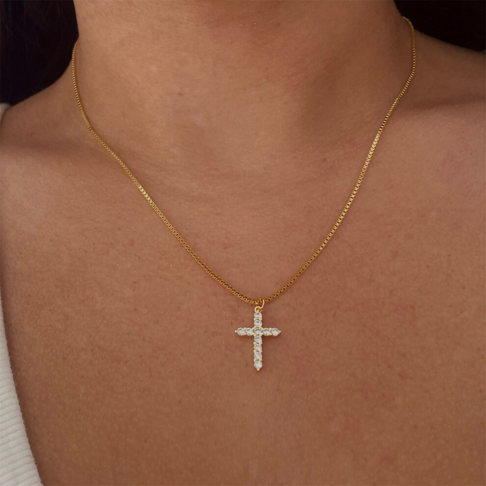 Crystal Cross Charm Pendant Necklace, 50cm Chain Pendant, Gold Plated