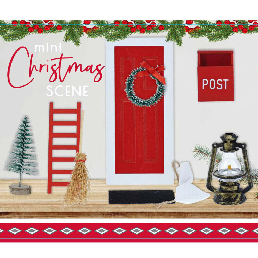 Urbn Living (With Lantern) 9 Pcs Red & White Miniature Wooden Elf Christmas Village Scene Door Decoration White,Red