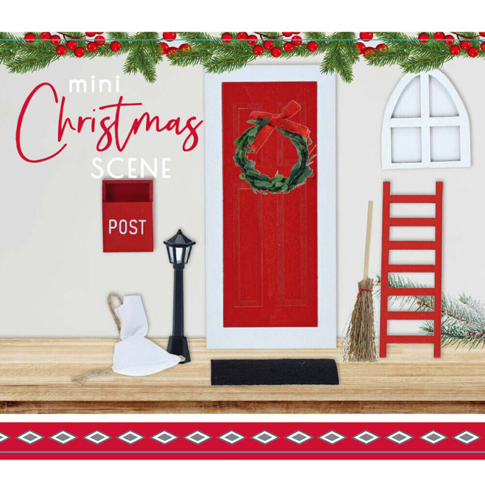 (with Lamp Post) 9 Pcs Red & White Miniature Wooden Elf Christmas Village Scene Door Decoration