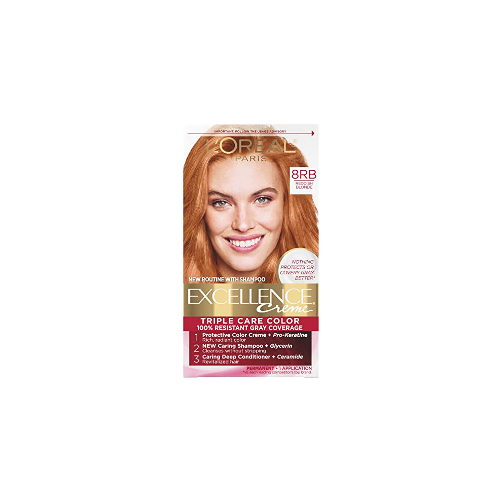 L'Oreal Paris Excellence Creme Permanent Triple Protection Hair Color, 8RB Medium Reddish Blonde, 1 Kit