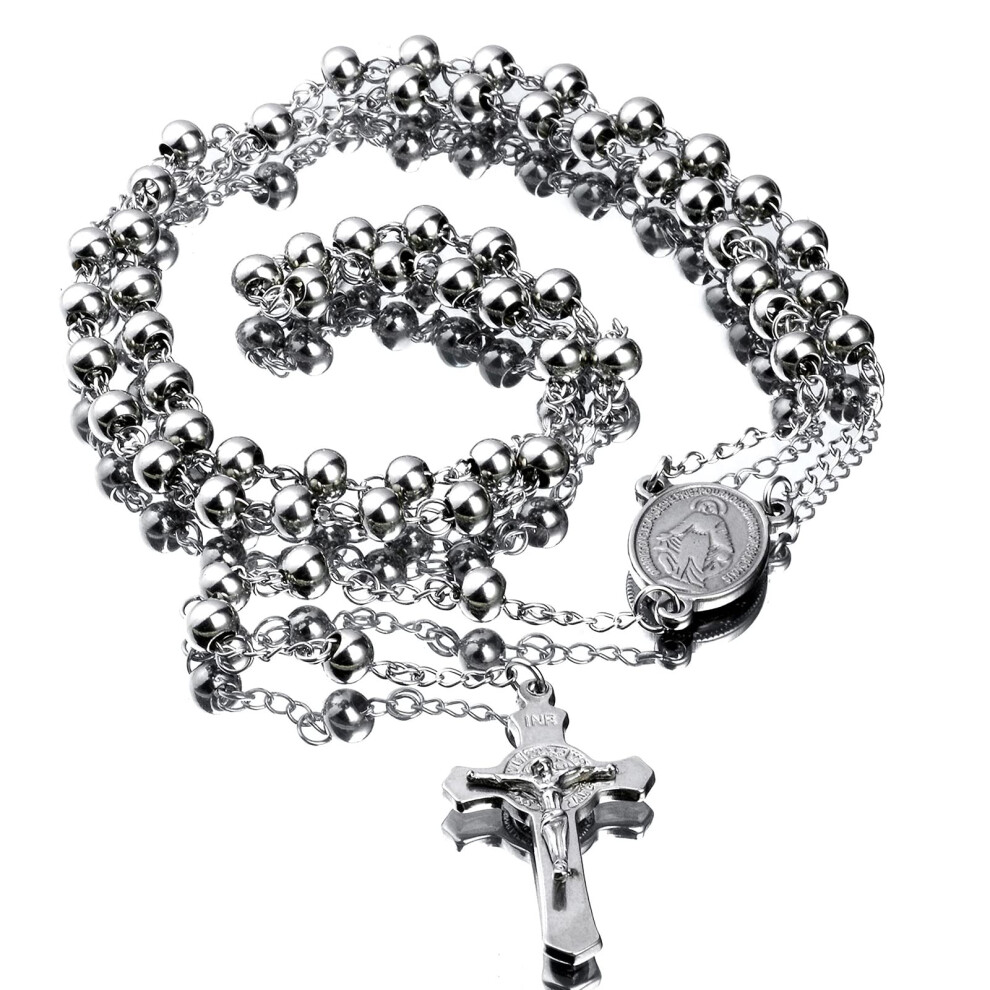 30"""" Stainless Steel Rosary Beads Necklace 6mm Silver Color with Jesus Christ Crucifix Cross