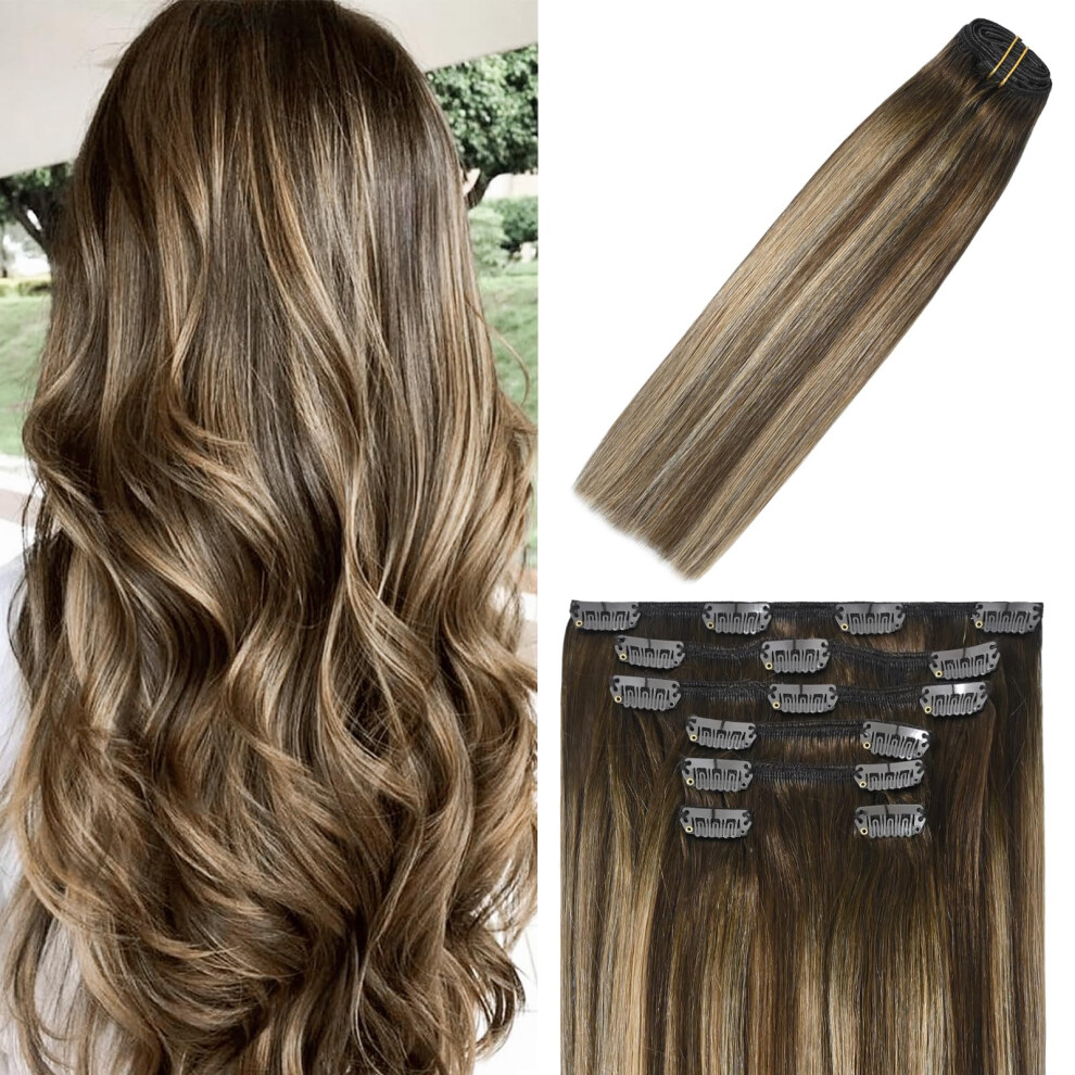 Clip in Hair Extensions Human Hair Chocolate Brown To Dark Blonde Ombre Highlights for Brown Hair 15Inch 70g #4T27P4 Remy Hair 7PCS