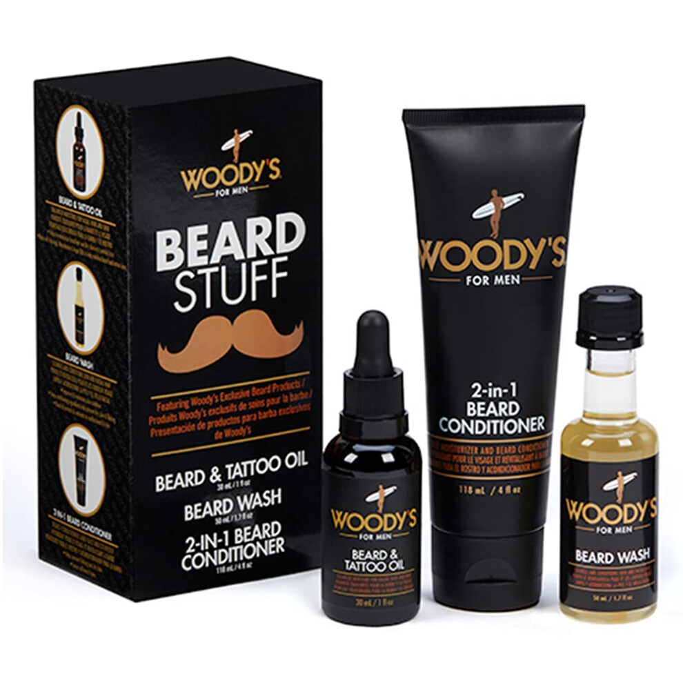 Woody's Beard Stuff 3 Piece Kit, Beard & Tattoo Oil, Wash, 2 in 1 Faci