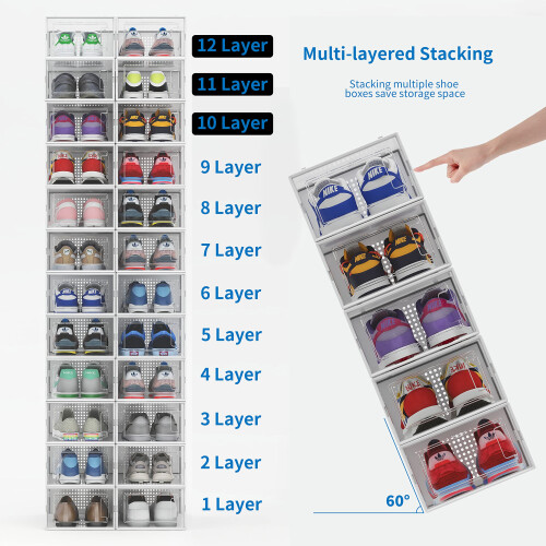 12 Pack Shoe Organizer Storage Bins Clear Plastic Stackable Shoe Boxes 2