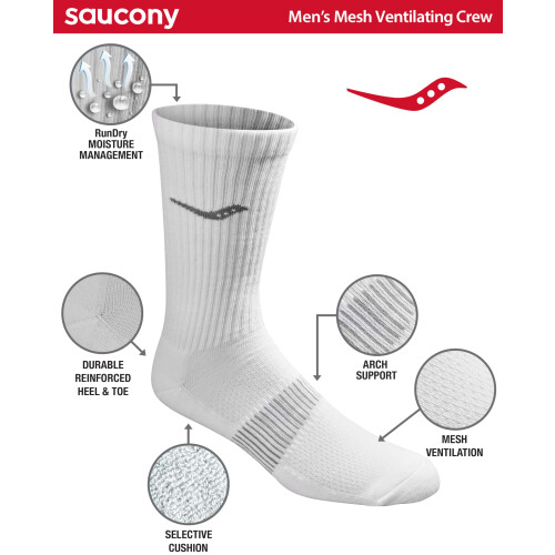 ???tse? Saucony Multi-Pack Mens Mesh Ventilating Comfort Fit Performance Crew Socks White Solid Foot (6 ?e?????a) ???e??? pap??ts???: 8-12 1