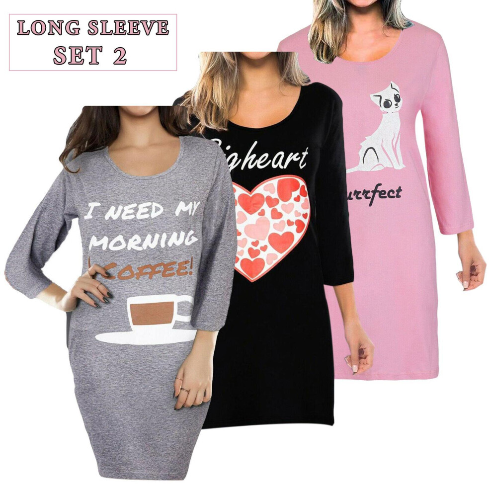 (3 Pack - Long Sleeve Set 2) 3Pack Women CottonJersey Long&Short Sleeved Nighty