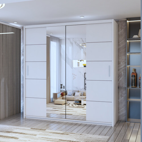 MN Furniture Monaco Double Sliding Mirrored Wardrobes White 203cm