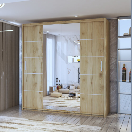 MN Furniture Monaco Double Sliding Mirrored Wardrobes Oak 180cm