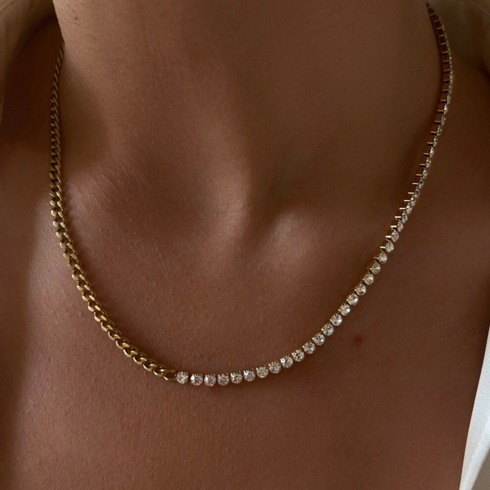 Round Cut Diamond Tennis Necklace, 14K Gold Chain & Diamonds