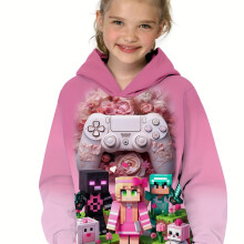 (Pink Color, 9-10Y) Long Sleeve Girls Pixel Game Pattern Hooded Sweatshirt
