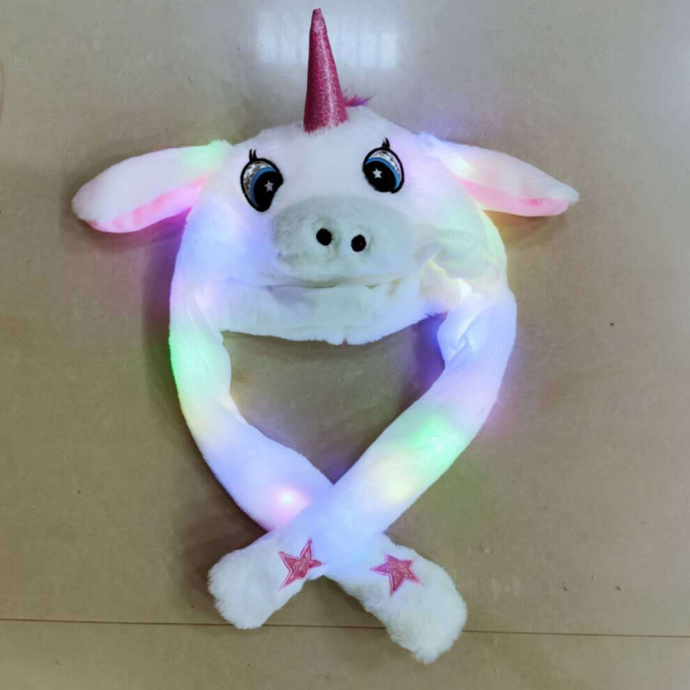 (Glowing unicorn white) Rabbit hat with moving ears, new autumn and winter light-up rabbit fur plush hat
