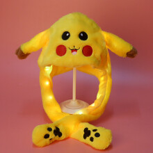 (Glowing Pikachu Hat) Rabbit hat with moving ears, new autumn and winter light-up rabbit fur plush hat