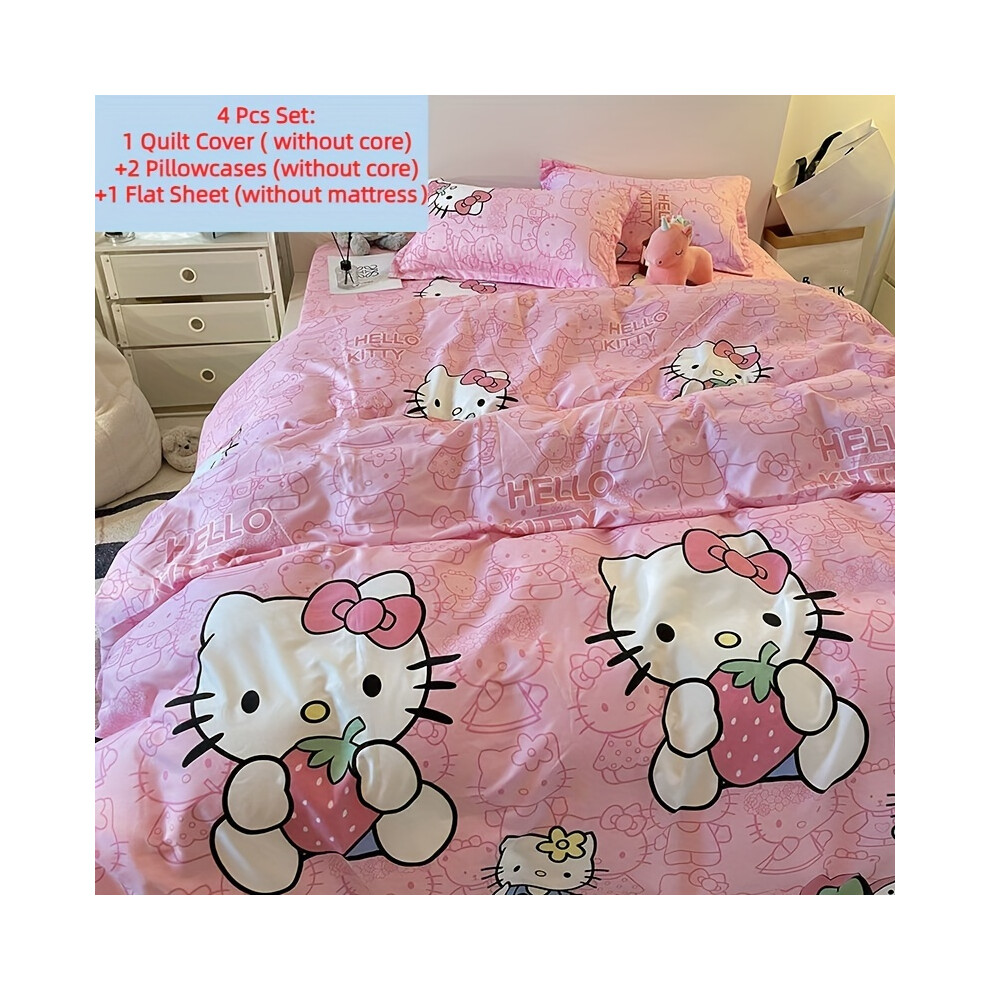 (180x220cm, KT) Hello Kitty 4pcs Bedding Set - Queen Size, Soft & Washable Duvet Cover, Flat Sheet, and 2 Pillowcases