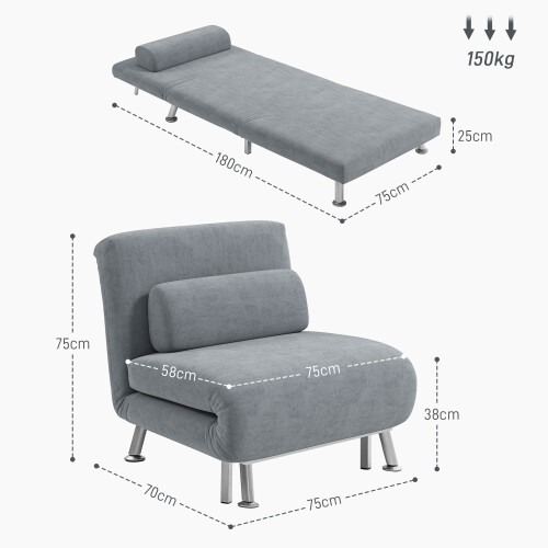 Homcom HOMCOM Folding 5 Position Convertible Sleeper Bedroom Chair Bed Grey 1