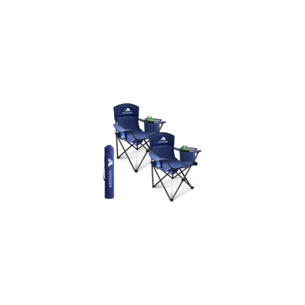 Voyager Folding Camping Chairs 2 Pack with Cooler Bag Steel Frame Blue