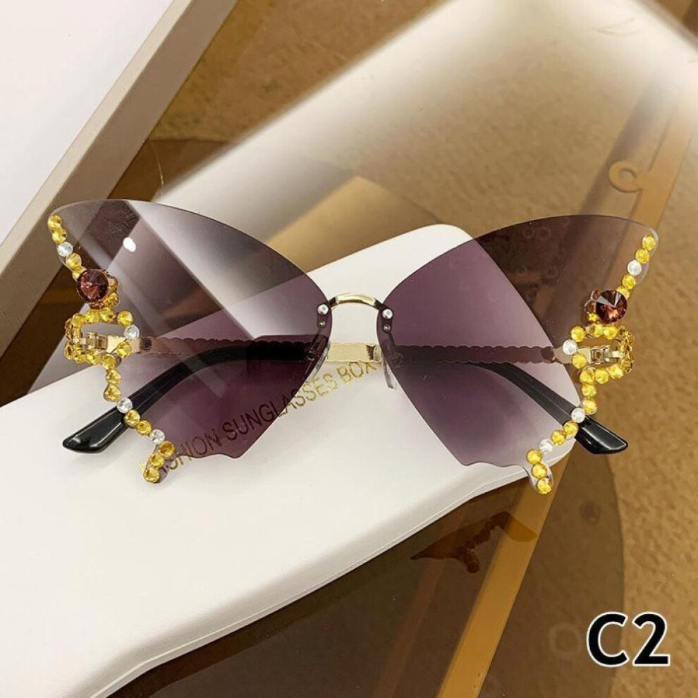 (Black) Diamond Butterfly Sunglasses Women Vintage Rimless Oversized Cat Eye Gradient Sun Glasses Ladies Eyewear