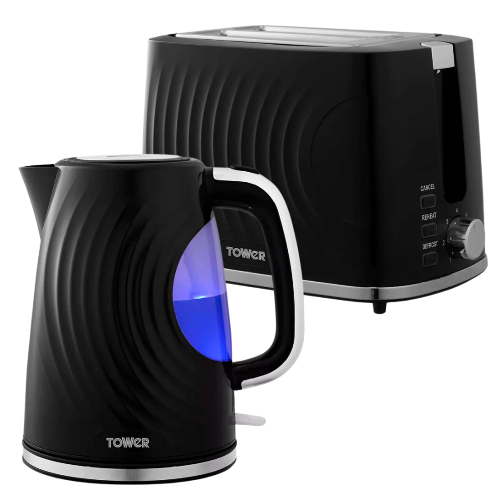 Tower Sonar Kettle & 2 Slice Toaster Kitchen Set (Black)