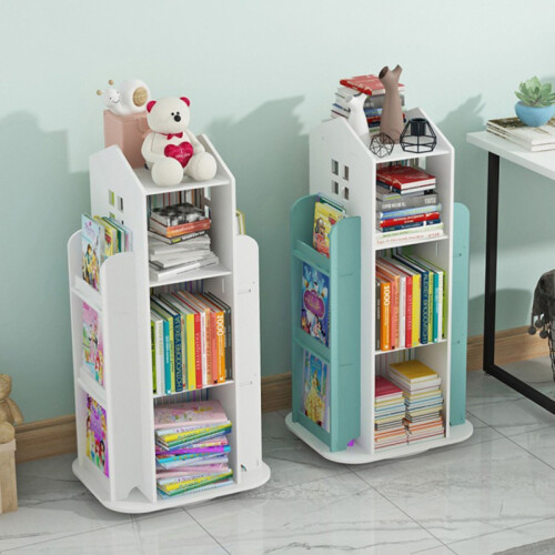 Children's Rotating Bookshelf with Four Sides for Easy Storage and Retrieval, White 1