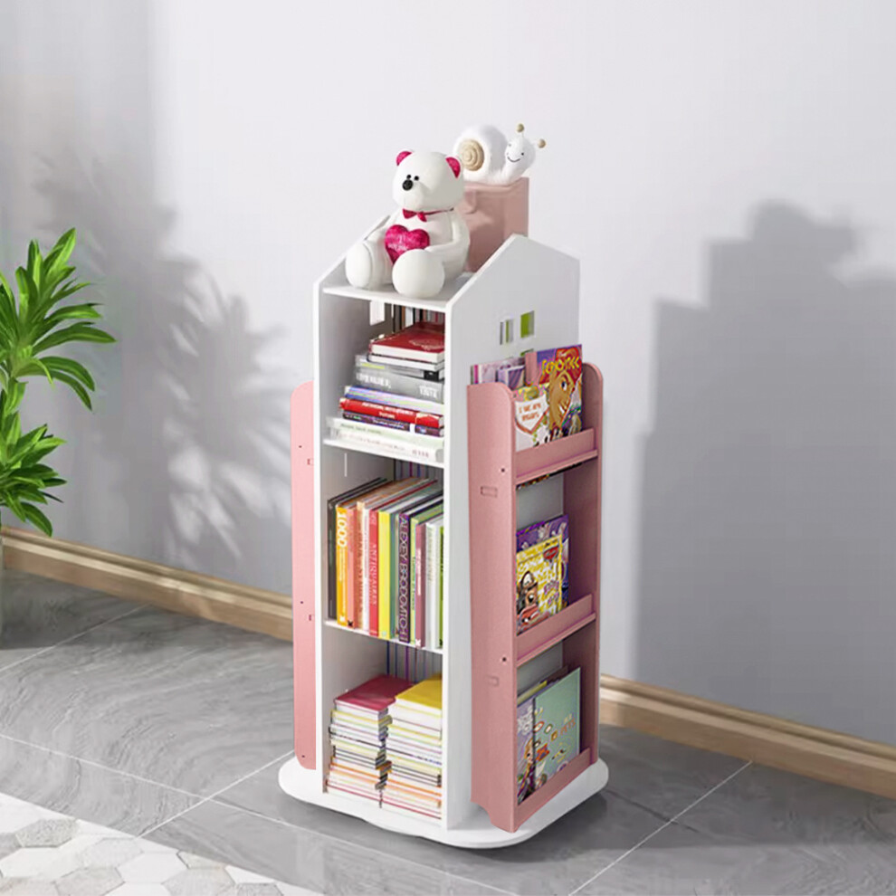 Children's Rotating Bookshelf with Four Sides for Easy Storage and Retrieval, Pink