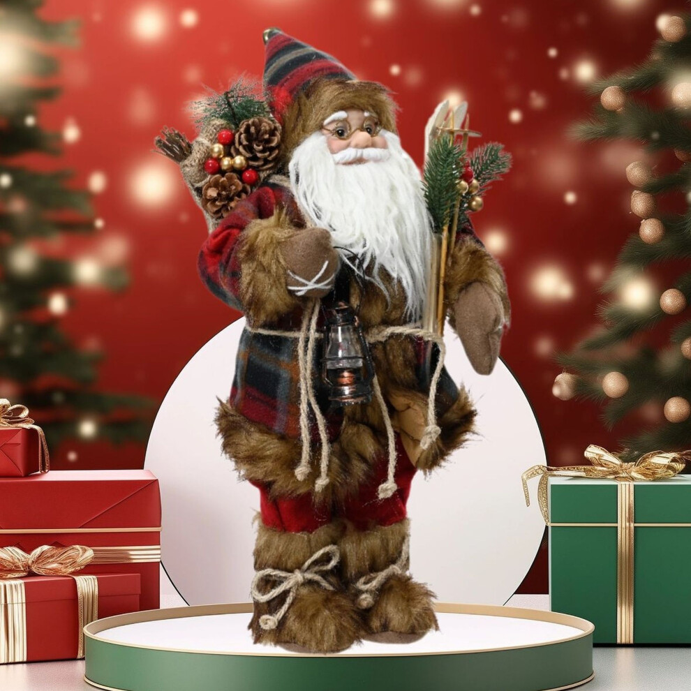 Kaemingk Traditional standing santa - father christmas figure - 60cm christmas figurine - red tartan fur trim coat holding lantern and skis - indoor standing santa decoration. - Image 3