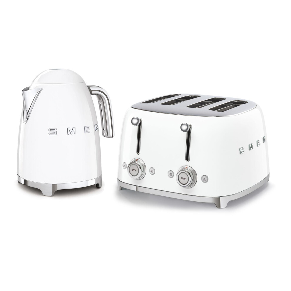 Smeg 50's Style Retro Range Breakfast Set, 1.7L 3000W Kettle and Multi-Functional Control 4-Slice 2000W Toaster White