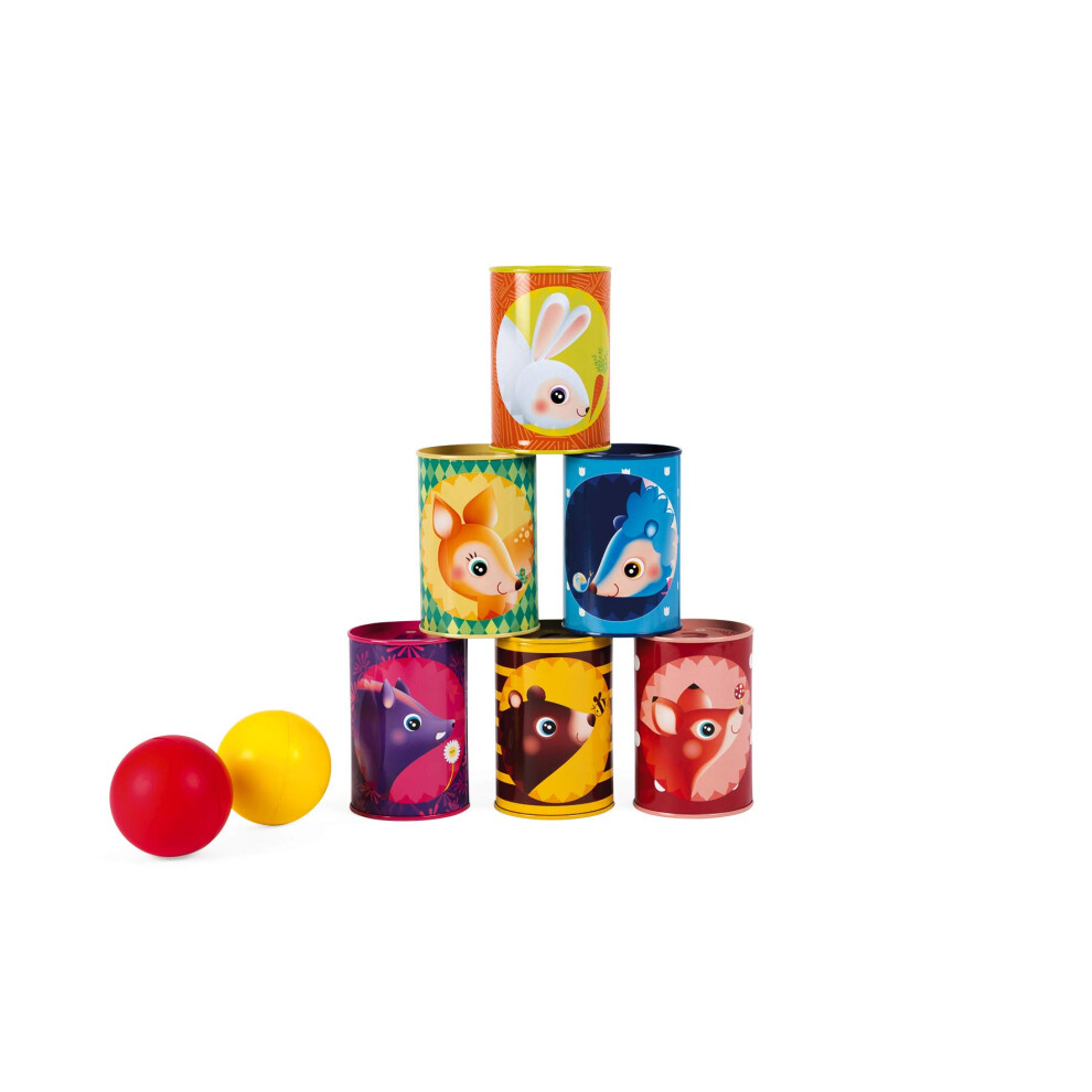 - Forest Tumbling Cans - Outdoor Game - 6 Metal Boxes and 2 Foam Balls - Fine Motor Skills - from 3 Years Old, J03206