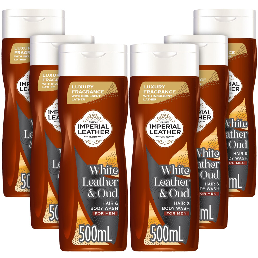 White Leather & Oud Signature 2 in1 Body Wash Shower Gel Signature Oil Blend, Creamy Lather, Gentle Skin Care, Bulk Buy, Pack of 6x500ml