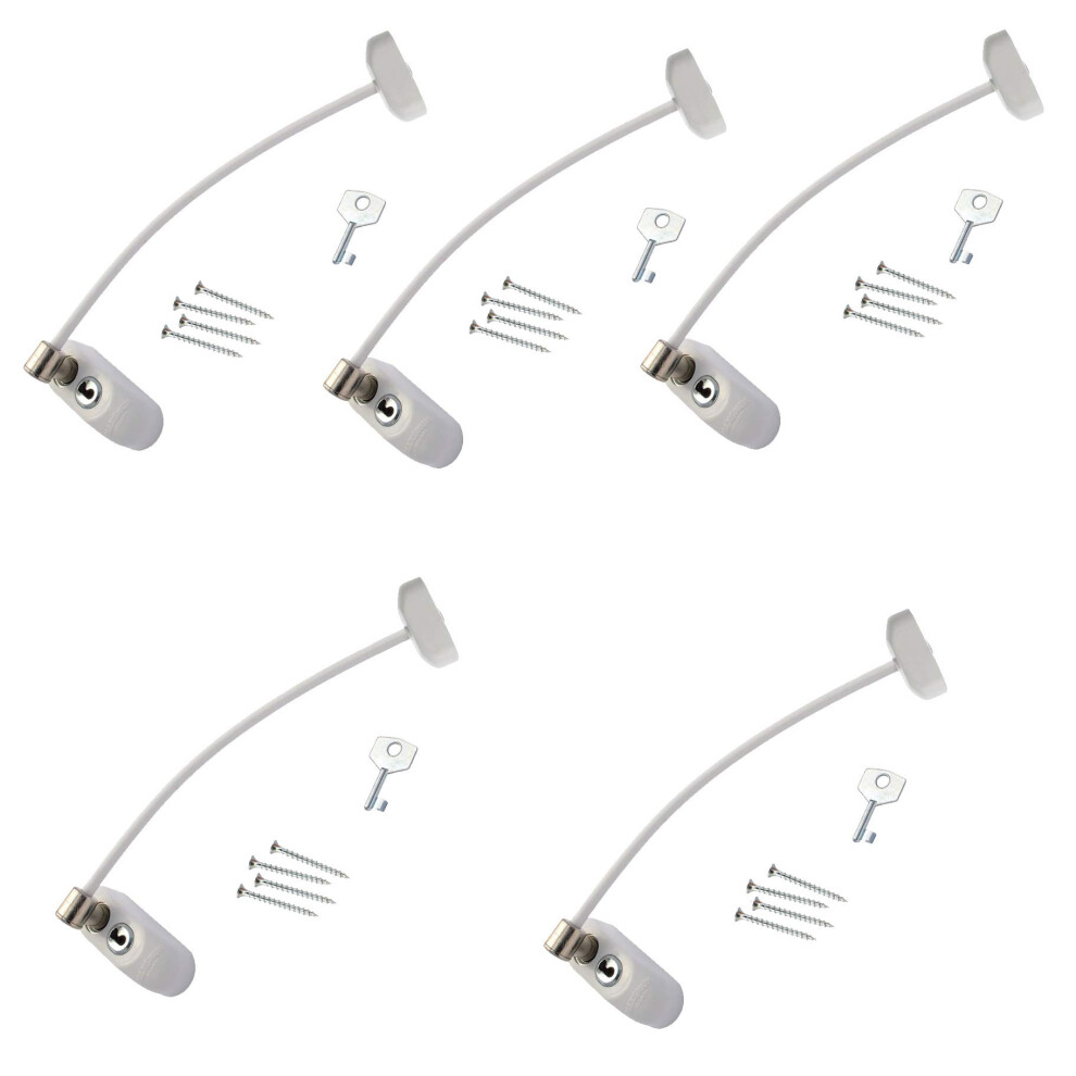 5 X Window & Door Restrictor For Baby And Child Safety - Uses Strong Cable And Is Key Lockable White Max6mum Security